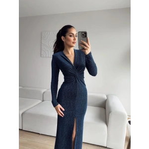 Simli Kruvaze Yaka Büzgü Elbise - SİYAH