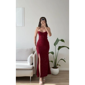 Simli Sırt Bağcık Yırtmaçlı Elbise - BORDO
