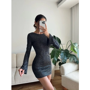 Simli Sırt Dekolte Elbise - SİYAH