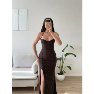 Simli Sırt Bağcık Yırtmaçlı Elbise - KAHVE