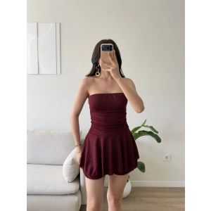 Simli Straplez Şortlu Elbise - BORDO
