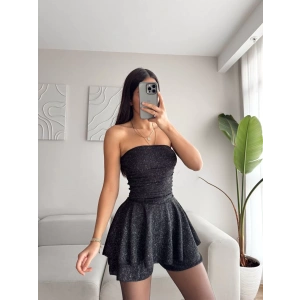 Simli Straplez Volanlı Elbise - SİYAH