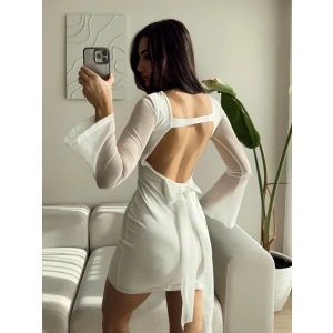 Sırt Dekolte Kol Tül Fiyonk Elbise - BEYAZ