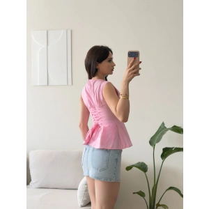 Sırt Bağlamalı Peplum Bluz - PEMBE