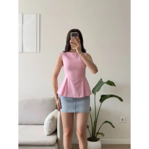 Sırt Bağlamalı Peplum Bluz - PEMBE