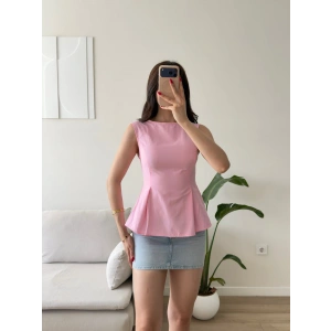 Sırt Bağlamalı Peplum Bluz - PEMBE