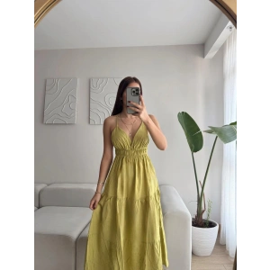 Sırt Çapraz Askılı Elbise - YAĞ YEŞİLİ