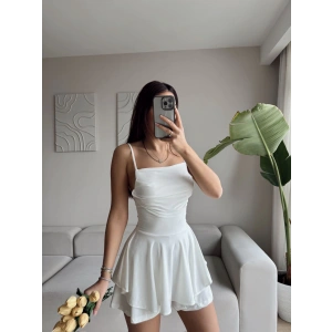 Sırt Dekolte Askılı Şortlu Elbise-BEYAZ