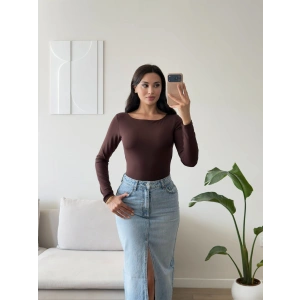 Sırt Dekolte Tokalı Bodysuit - KAHVE