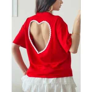 Sırt Kalp Dekolte Oversize Modal T-Shirt -KIRMIZI