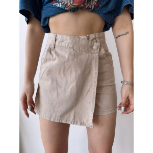 Etek Görünümlü Kot Şort-BEJ
