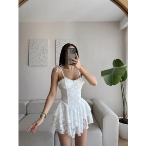 Şortlu Bel Korse Dantel Elbise - BEYAZ