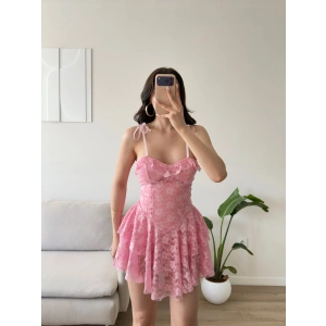 Şortlu Bel Korse Dantel Elbise - PEMBE