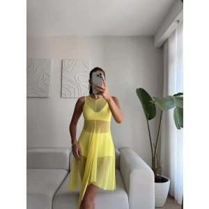 Şortlu Crop Tül Elbise Takım - SARI