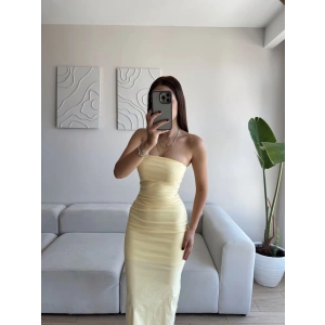 Straplez Arkası Yırtmaçlı Elbise - SARI