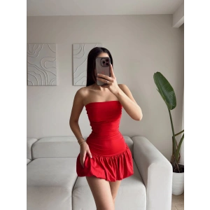 Straplez Balon Etek Elbise - KIRMIZI