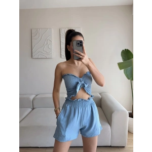 Straplez Crop & Şortlu Takım - MAVİ