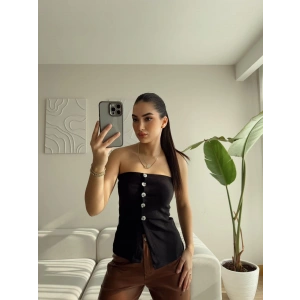 Straplez Düğmeli Bluz - SİYAH