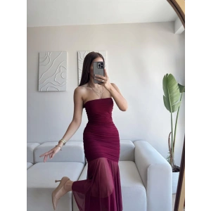 Straplez Eteği Şifon Elbise - BORDO