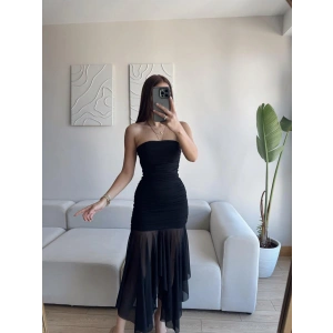 Straplez Eteği Şifon Elbise - SİYAH