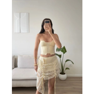 Straplez Güpür Etekli Takım - BEJ