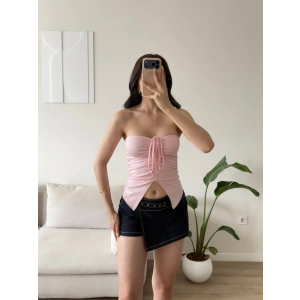 Straplez Ön Büzgü Crop - PEMBE