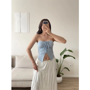 Straplez Ön Büzgü Crop - MAVİ