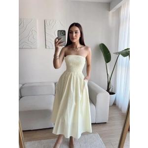 Straplez Poplin Cepli Elbise - SARI