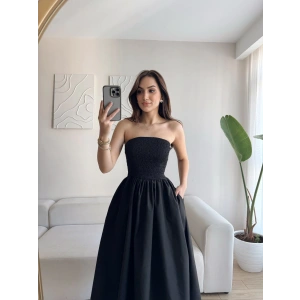 Straplez Poplin Cepli Elbise - SİYAH