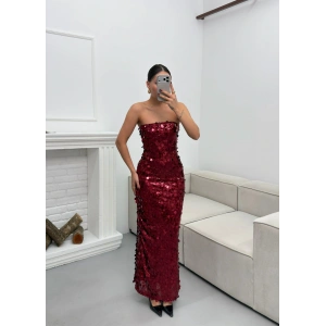 Straplez Pullu Elbise - BORDO