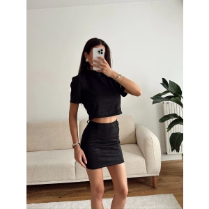 Süet Crop & Mini Etekli Takım - SİYAH