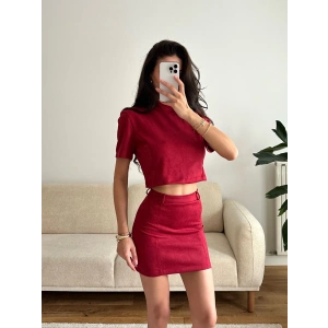 Süet Crop & Mini Etekli Takım - BORDO