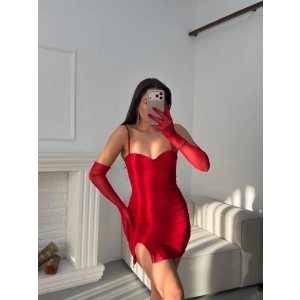 Taşlı Eldivenli Askılı Elbise - KIRMIZI