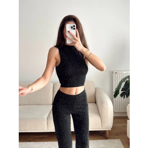 Taşlı Halter Crop & Pantolon Takım - SİYAH