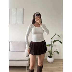 Taşlı Ön Arka Oval Bluz - BEYAZ