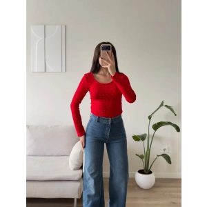 Taşlı Ön Arka Oval Bluz - KIRMIZI