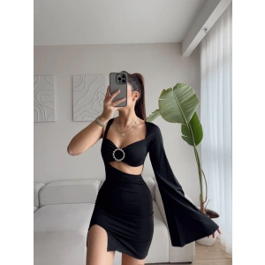 Tek Kol Broş Detay Elbise - SİYAH