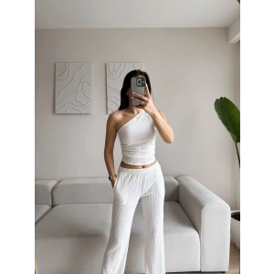 Tek Omuz Crop & Pantolon Takım - BEYAZ