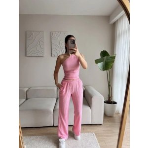 Tek Omuz Crop & Pantolon Takım - PUDRA