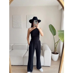 Tek Omuz Crop & Pantolon Takım - SİYAH