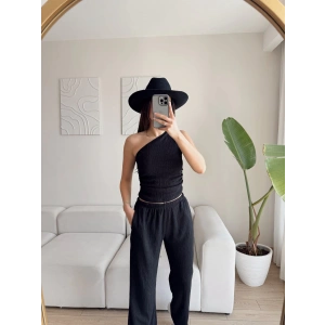 Tek Omuz Crop & Pantolon Takım - SİYAH