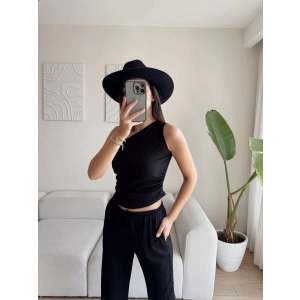 Tek Omuz Crop & Pantolon Takım - SİYAH