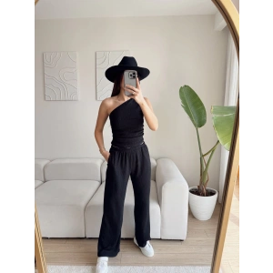 Tek Omuz Crop & Pantolon Takım - SİYAH