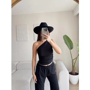 Tek Omuz Crop & Pantolon Takım - SİYAH