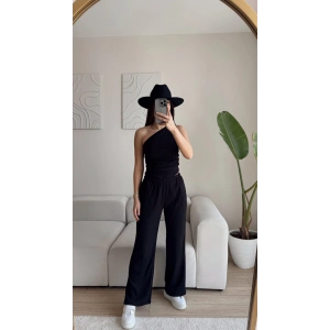 Tek Omuz Crop & Pantolon Takım - SİYAH