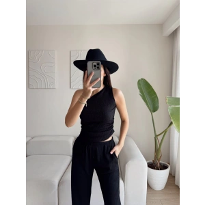 Tek Omuz Crop & Pantolon Takım - SİYAH