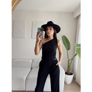Tek Omuz Crop & Pantolon Takım - SİYAH