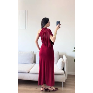 Tek Omuz Drapeli Elbise - BORDO