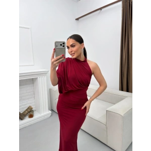 Tek Omuz Drapeli Elbise - BORDO