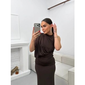 Tek Omuz Drapeli Elbise - KAHVE